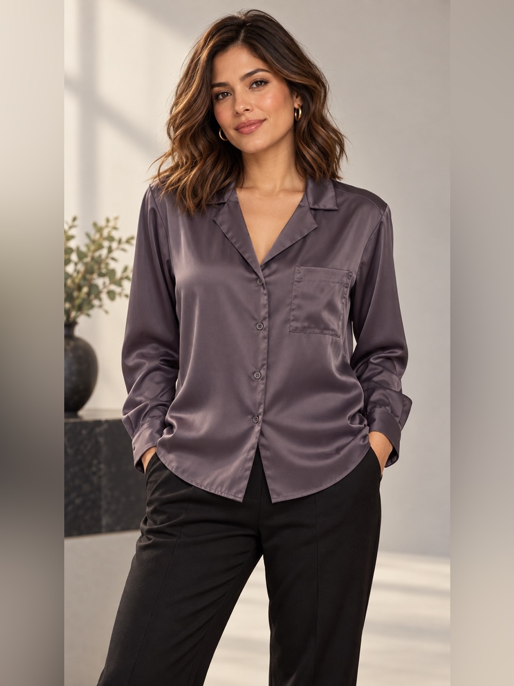 H&M XS Charcoal Lavender Satin Button-Front Blouse